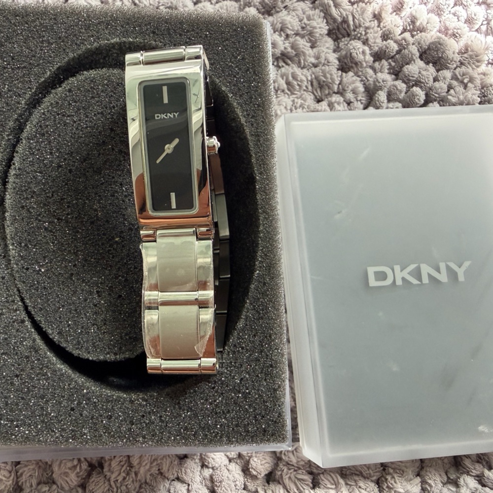 DKNY Silver Bracelet Watch with Black Rectangular Dial